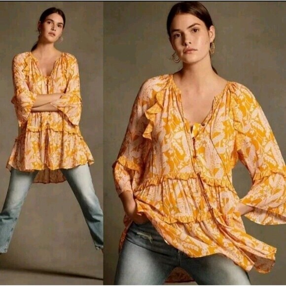 Anthropologie Mia Floral Tiered Tunic Semi-Sheer Boho Top S Cottagecore Peasant - Picture 2 of 12